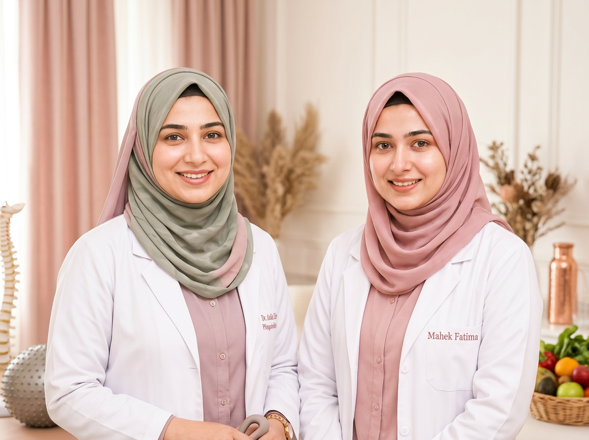 Two hijabi women wellness practitioners — physiotherapist and dietitian — at HerHeal by Mithani